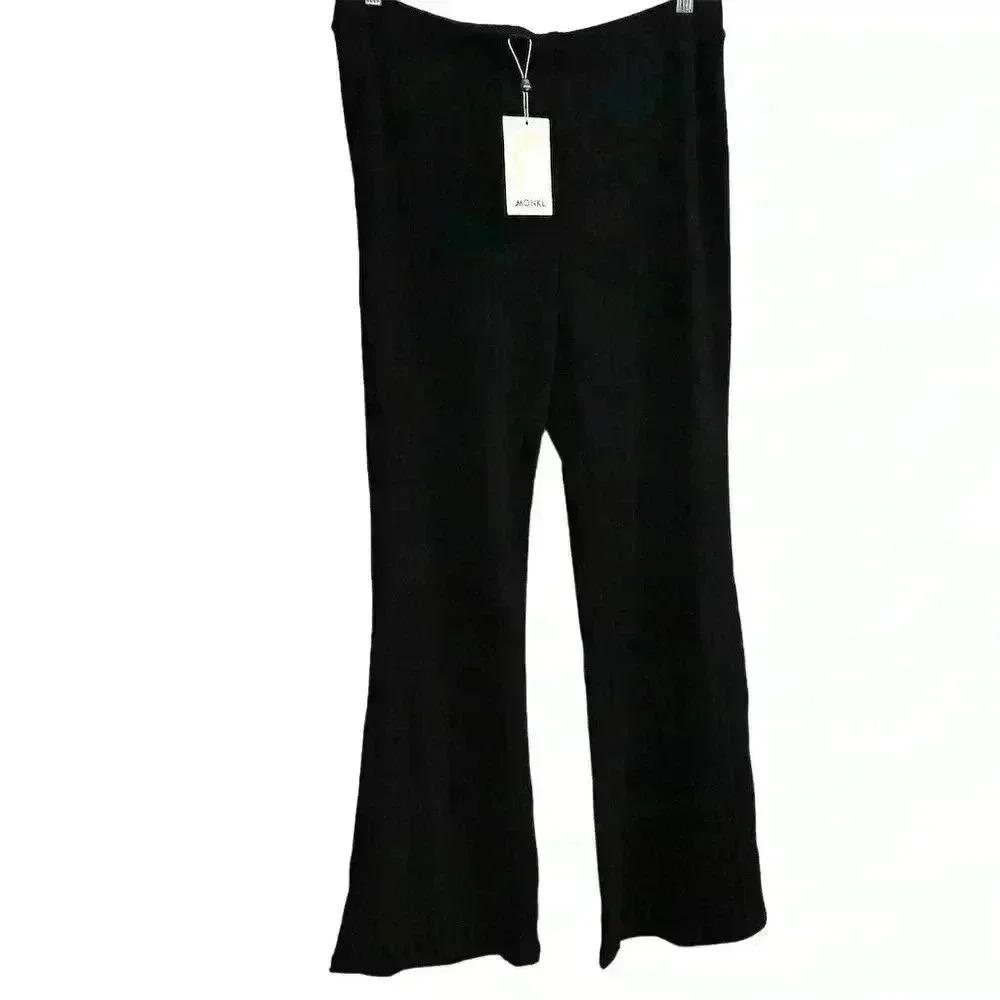 Monki Women's Black Flare Leg Trousers Size L High-Rise Casual Pants